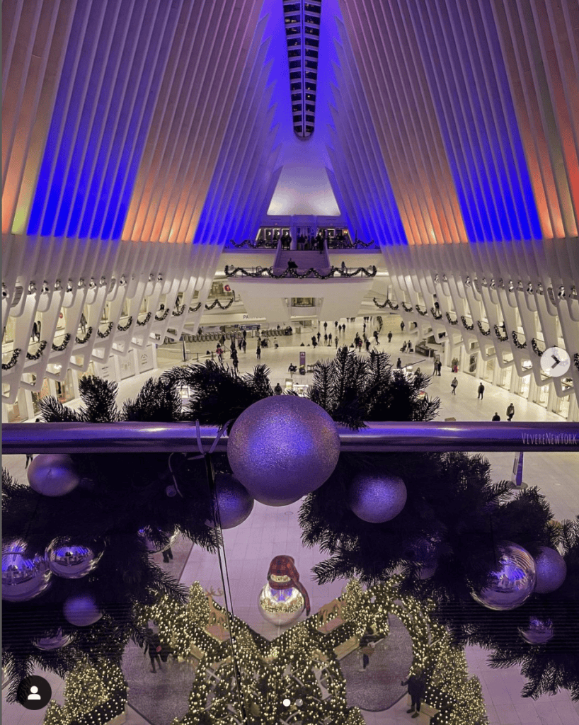 Westfield Oculus WTC Christmas holiday pop-up village snowmen twinkling lights NYC