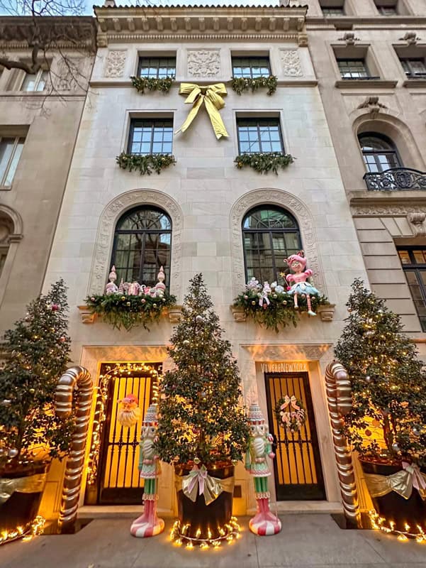 Upper East Side pink Christmas decorations E64th Street NYC holiday brownstone