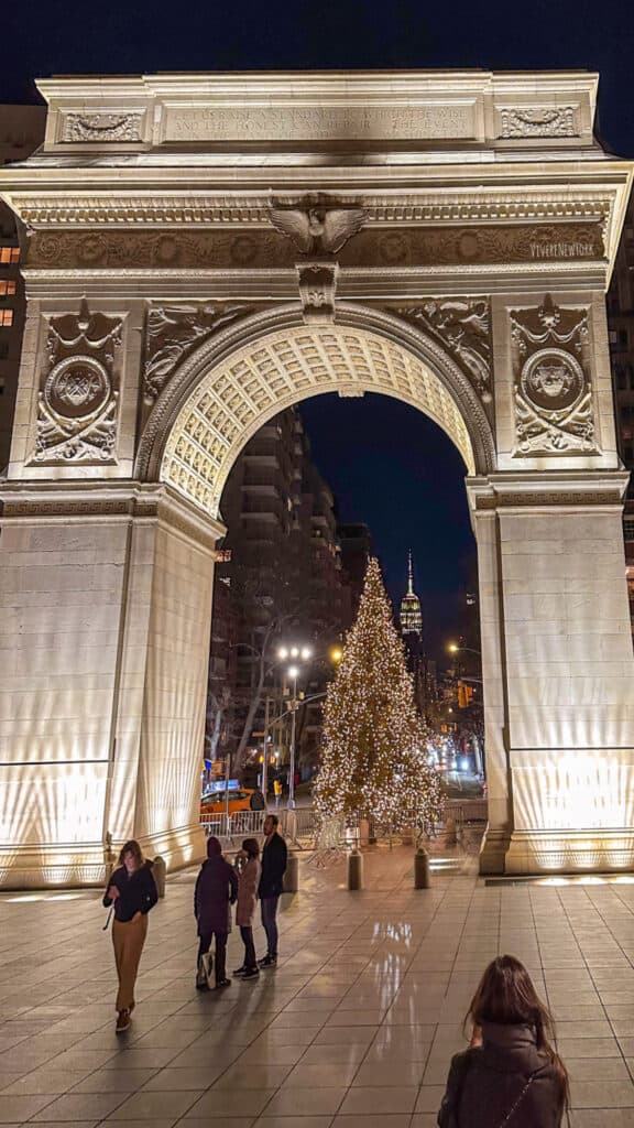 Washington Square Park Christmas tree arch Greenwich Village NYC holiday lights