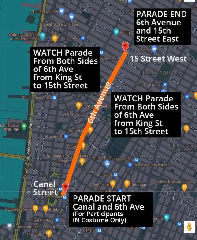 NYC Village Halloween Parade route map Canal Street to 15th Street 6th Avenue