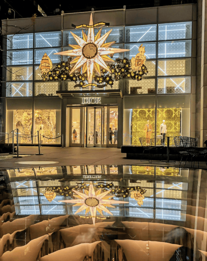 Dior holiday storefront Fifth Avenue NYC Christmas decorations luxury fashion