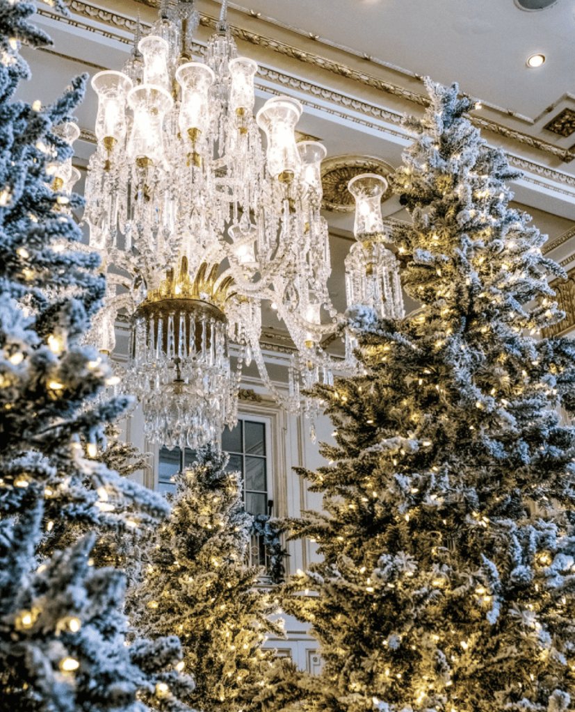 Plaza Hotel holiday Christmas decor NYC Fifth Avenue festive lobby Central Park South