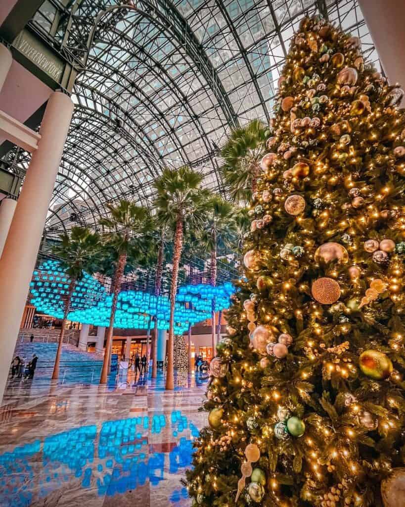 Brookfield Place Winter Garden Christmas tree Hudson River NYC holiday lights
