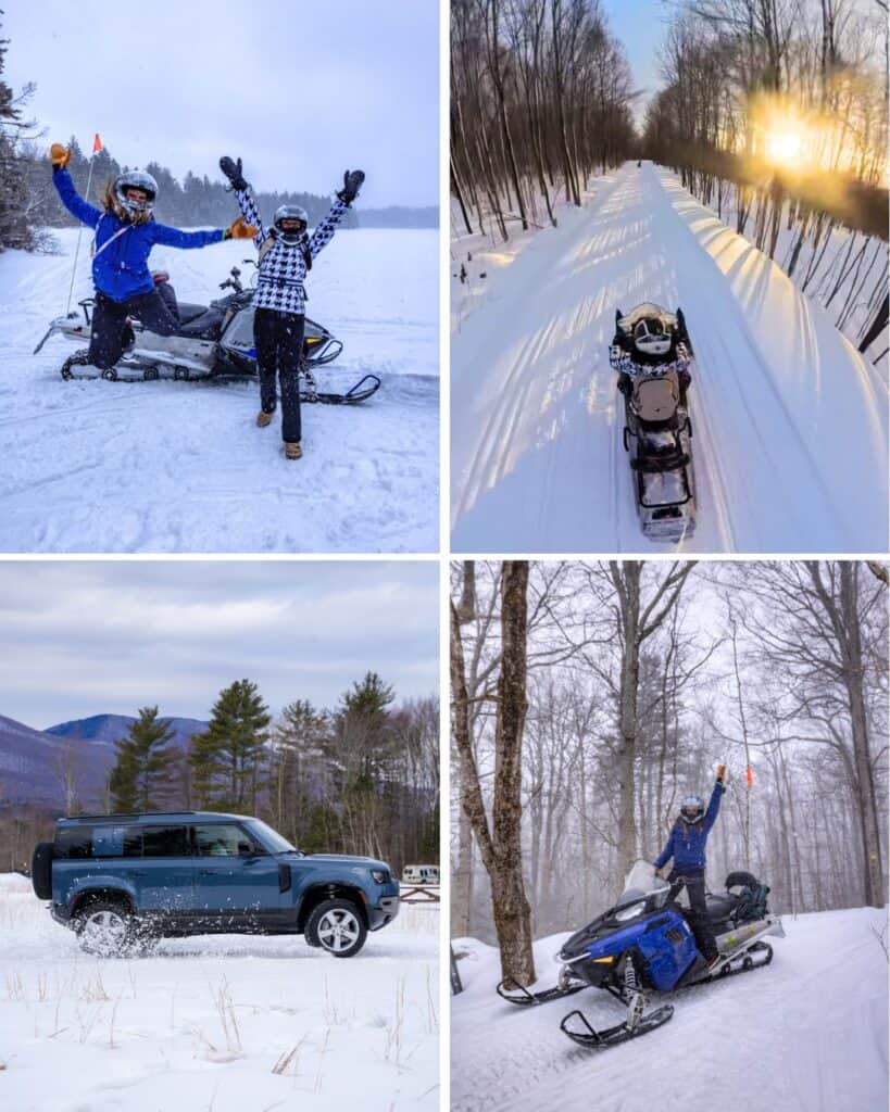 Snowmobiling through snowy trails in Manchester Vermont winter
