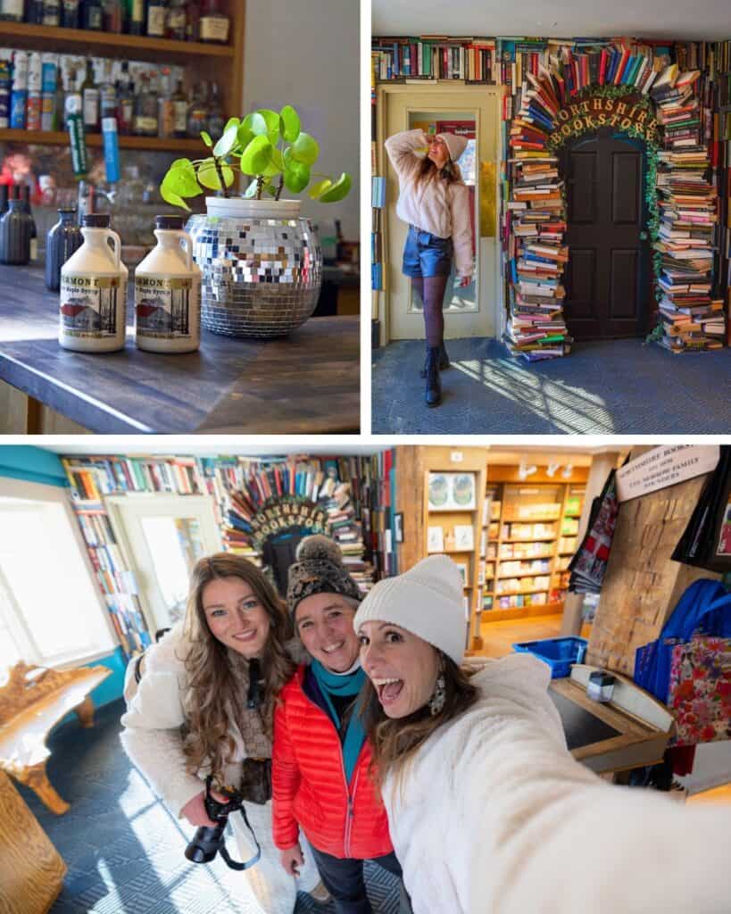 Vermont maple syrup bottles at Maple Reserve Café in Manchester Vermont and entrance arch made of books at Northshire Bookstore in Manchester Vermont