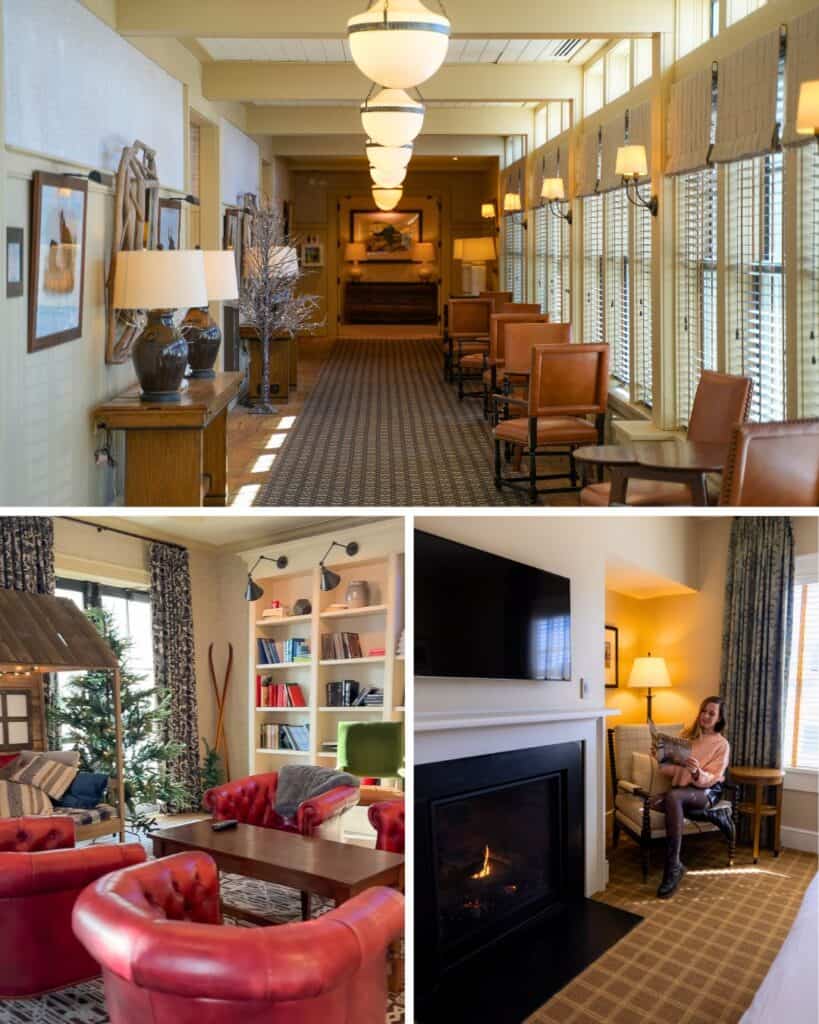 Kimpton Taconic Hotel in Manchester Vermont lobby, Cozy fireplace seating area, and guest room