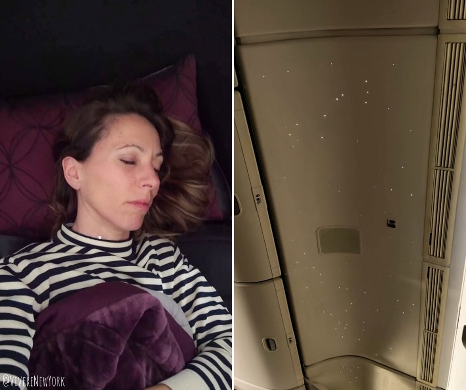 Qatar Airways business class lie-flat seat starred ceiling cabin lighting Doha to Malé