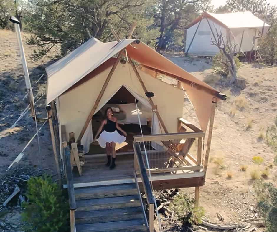 Under Canvas Bryce Canyon tent interior king bed wood stove Utah glamping night