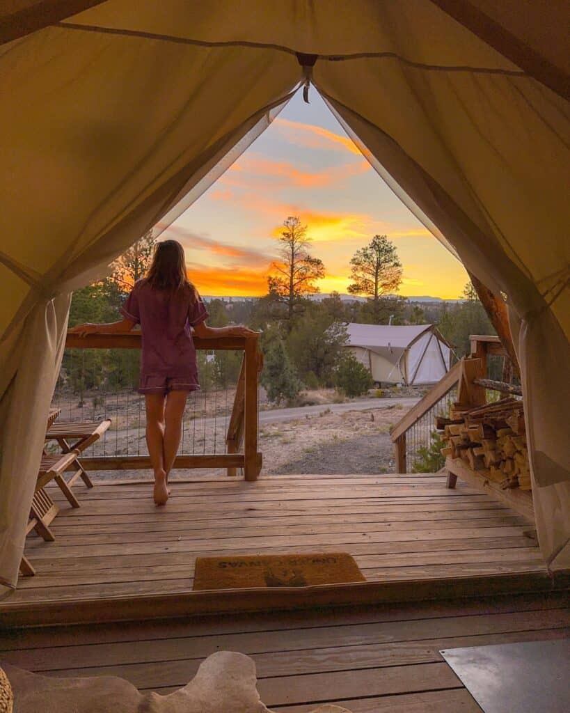 Sunrise view Under Canvas Bryce Canyon Utah glamping tent morning desert sky