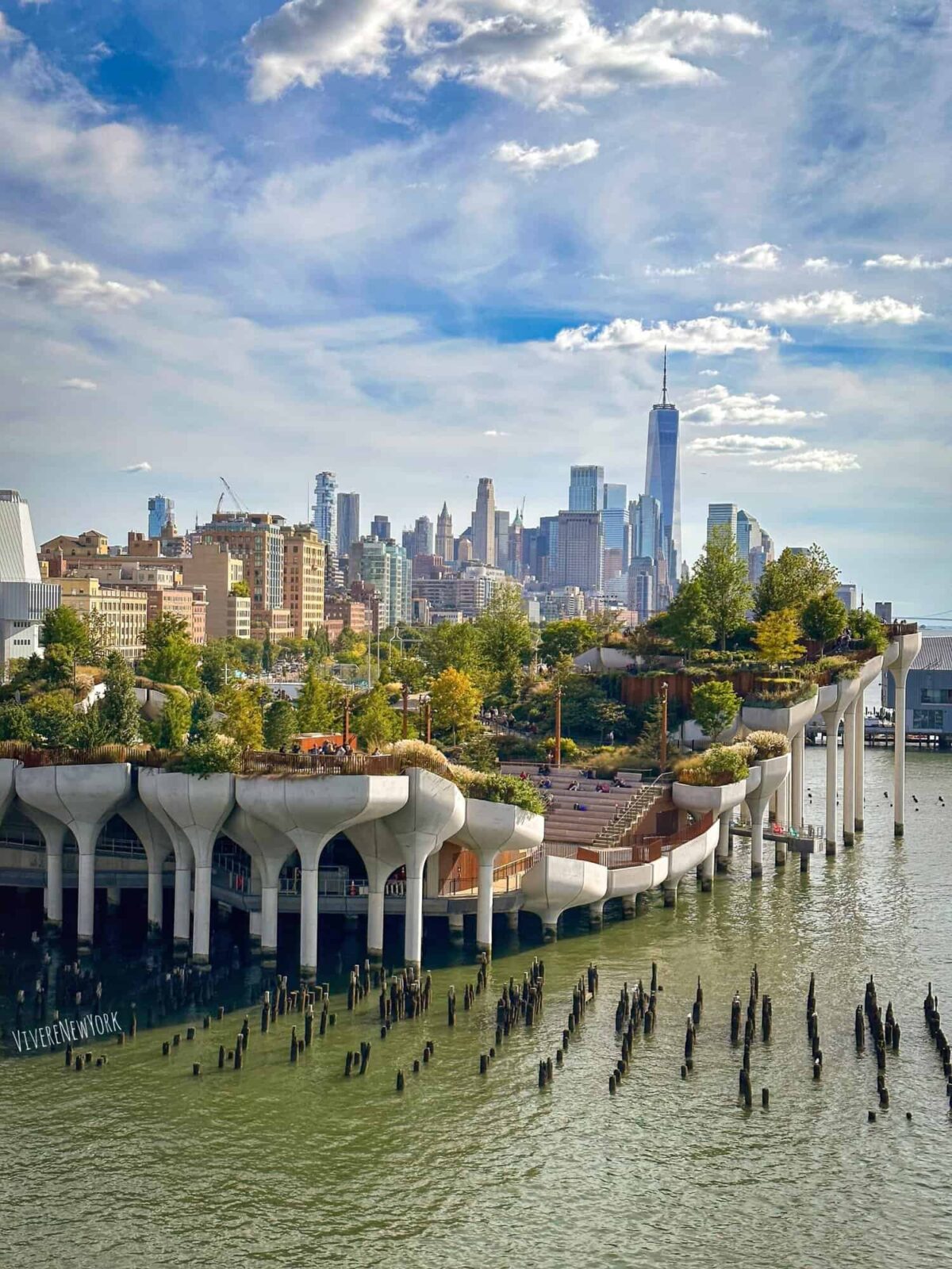 Little Island summer in NYC - view from Pier 57 looking toward the Hudson River