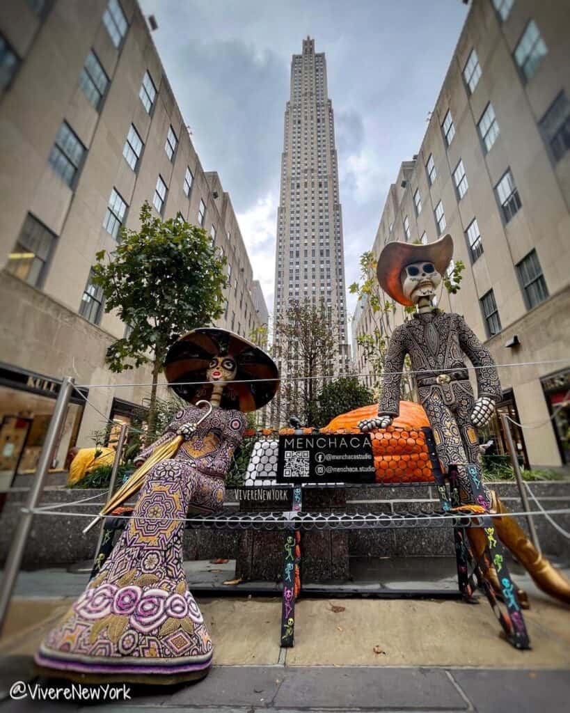 Día de los Muertos skeleton sculptures Rockefeller Center NYC October fall event free