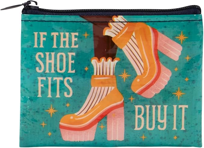 Small teal coin purse with retro platform shoes and text reading ‘If the shoe fits buy it