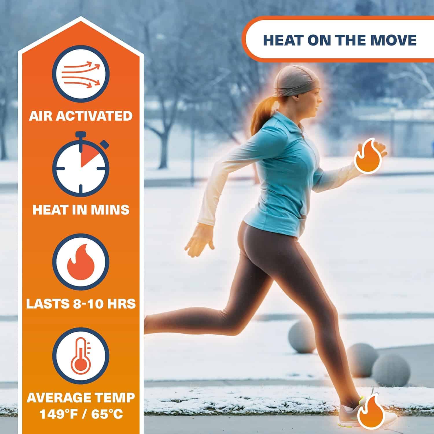 Box of disposable hand and foot warmers with heat packs for winter cold