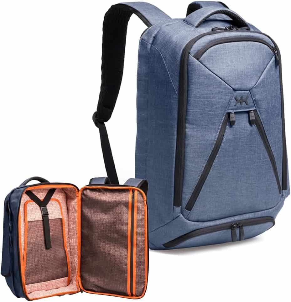 Expandable travel backpack with organized interior compartments and sleek design.