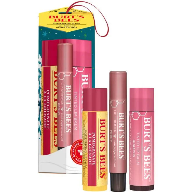 Burt’s Bees Mistletoe Kiss Holiday Gift Set with three tinted lip balms – natural hydrating lip color under $12