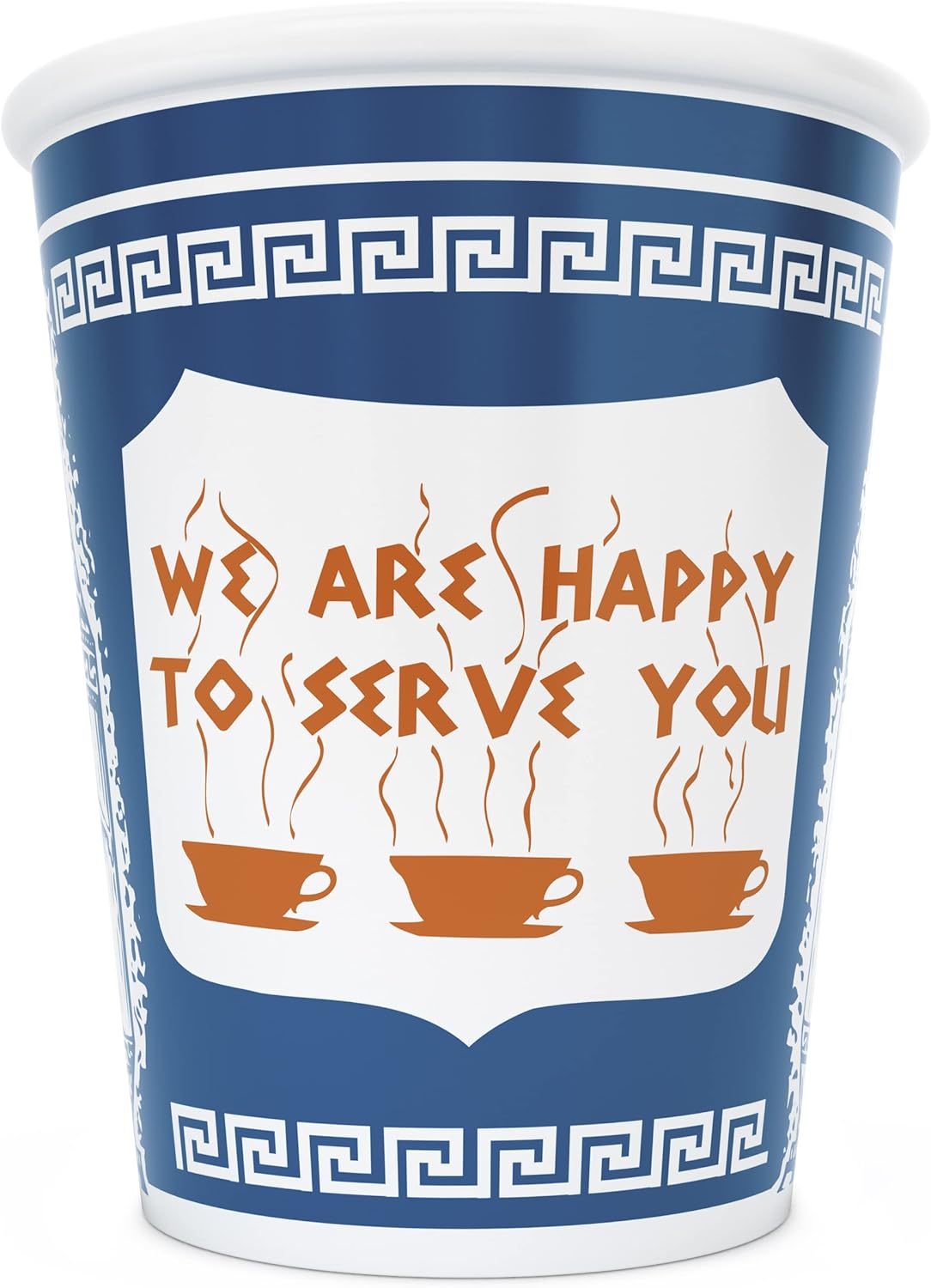 Ceramic mug designed like the classic NYC Greek coffee cup with the “We Are Happy To Serve You” design.