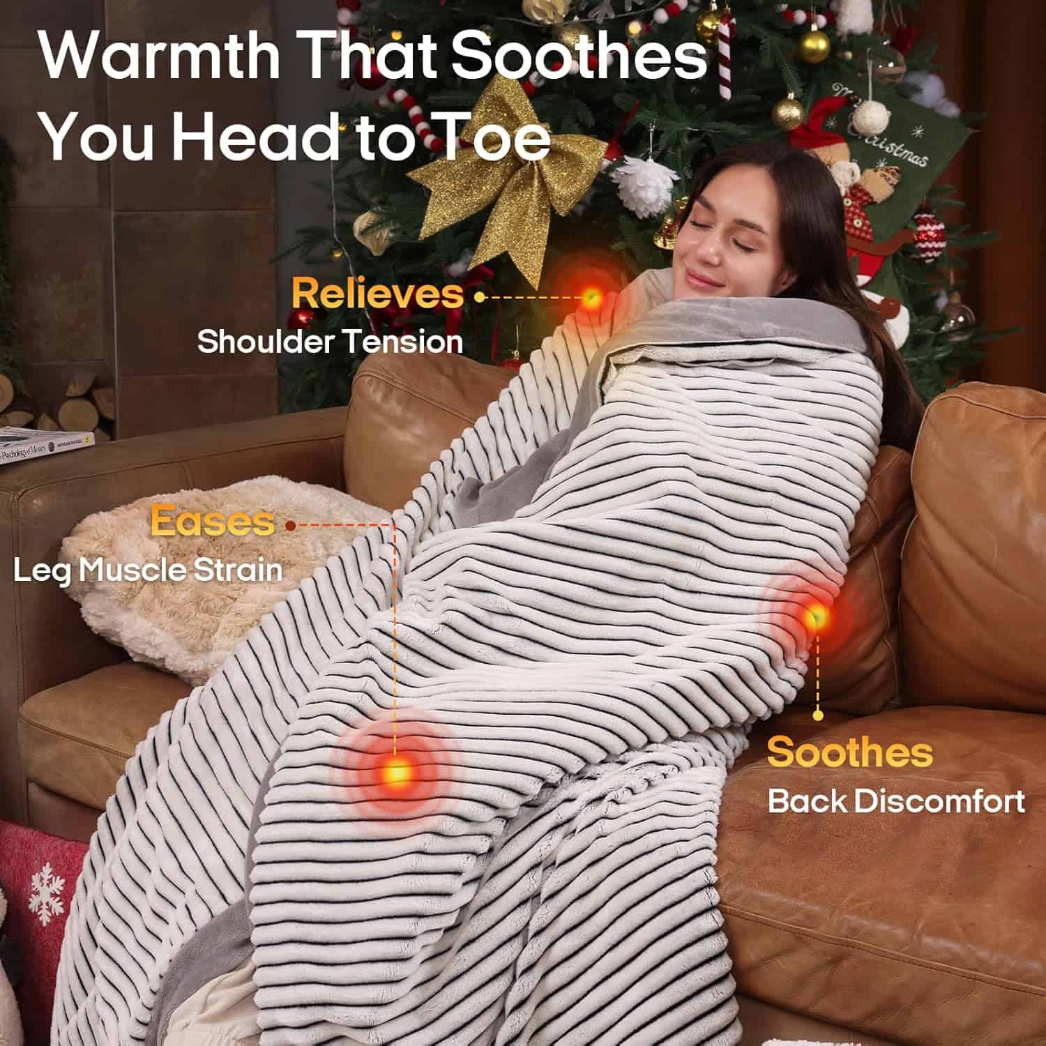 Woman wrapped in a heated weighted blanket relaxing on a couch