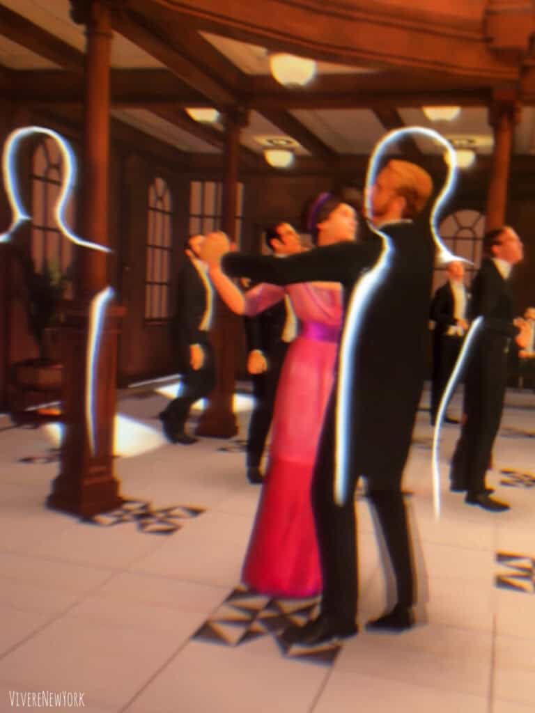 Social VR moment inside the Titanic experience where real guests appear as white silhouettes.