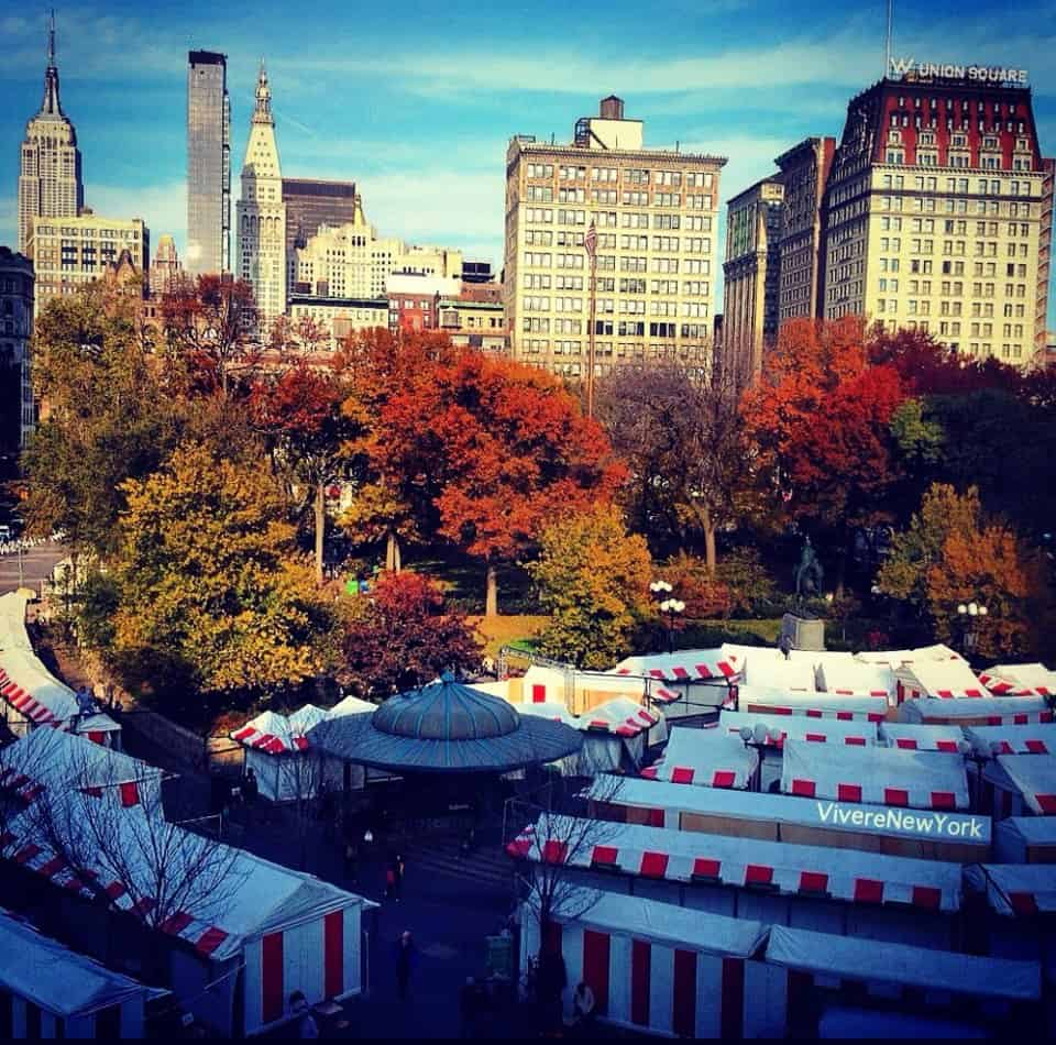Union Square Holiday Market filled with local artisans, gifts, and apple cider stands