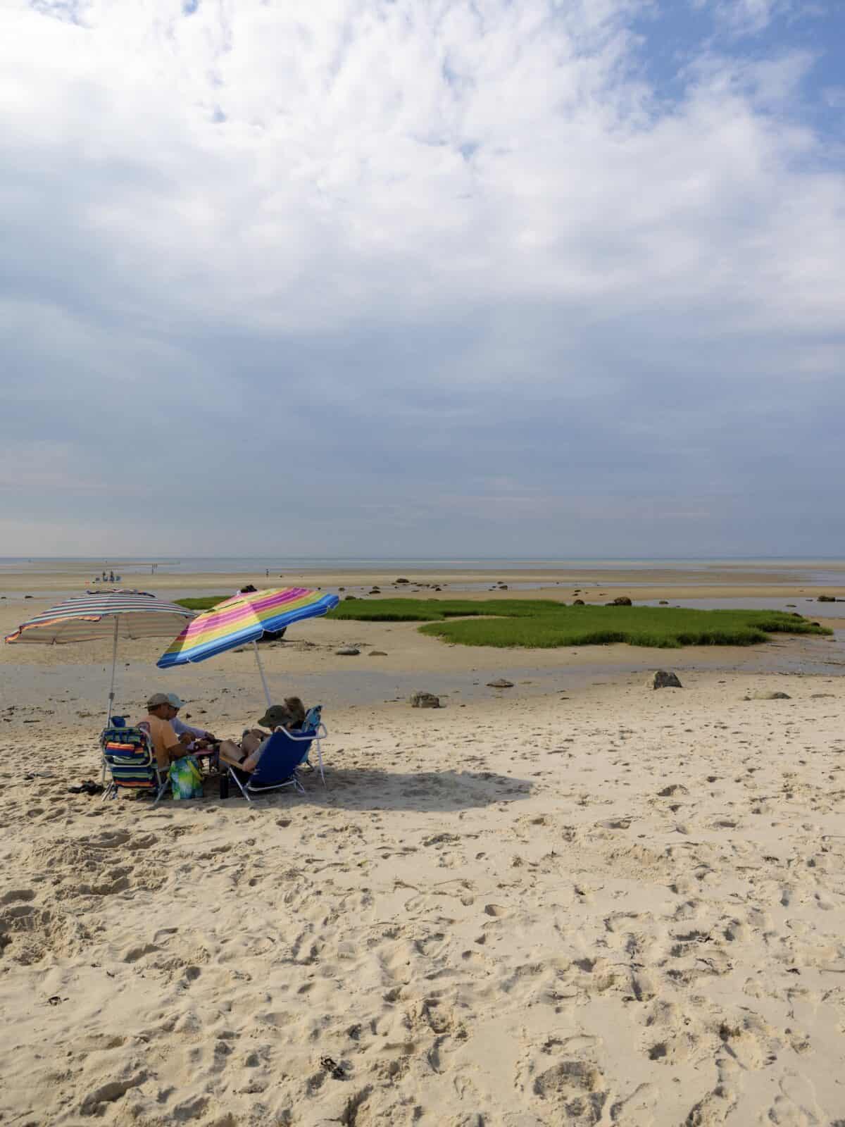 A group of people relaxes in beach chairs under two bright, colorful striped umbrellas on a sandy beach patch next to tidal saltwater pools and vibrant green salt marsh grass.
