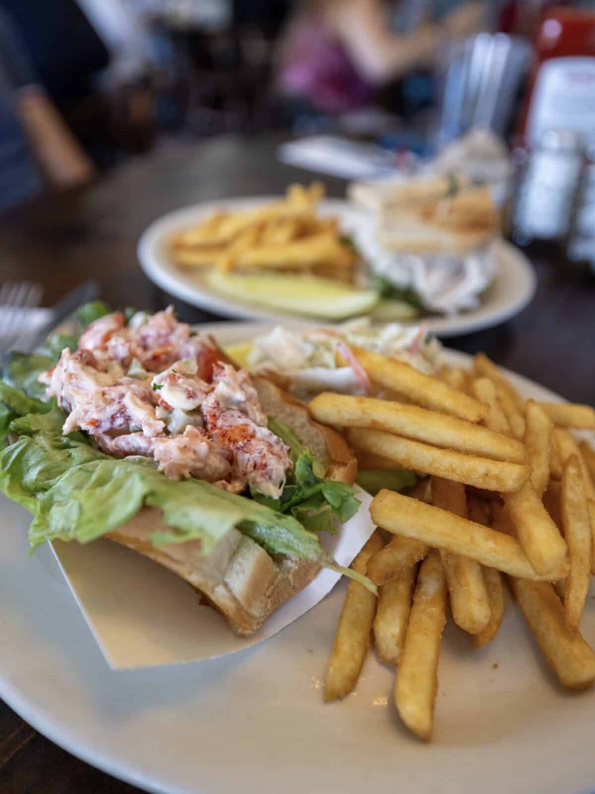 A close-up, top-down view of a classic New England lobster roll piled high with fresh lobster meat and crisp lettuce on a toasted bun, served with a large side of golden french fries and coleslaw at Homeport Restaurant in Orleans.