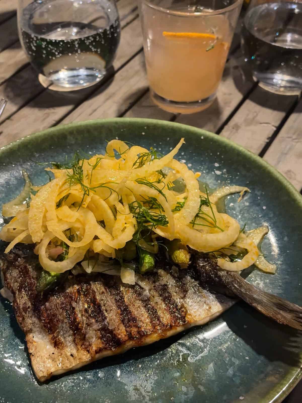 A grilled branzino with shaved fennel salad at Level 5 rooftop at Hotel Chaco in Albuquerque