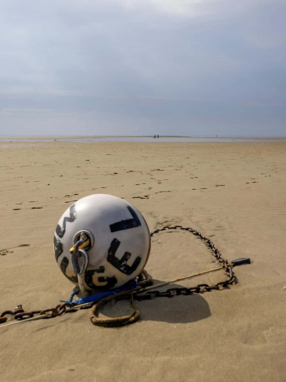 A close-up, low-angle shot of a white spherical mooring buoy marked with black letters resting on the sand, with its heavy iron anchor chain wrapping around it on the dry tidal flats.