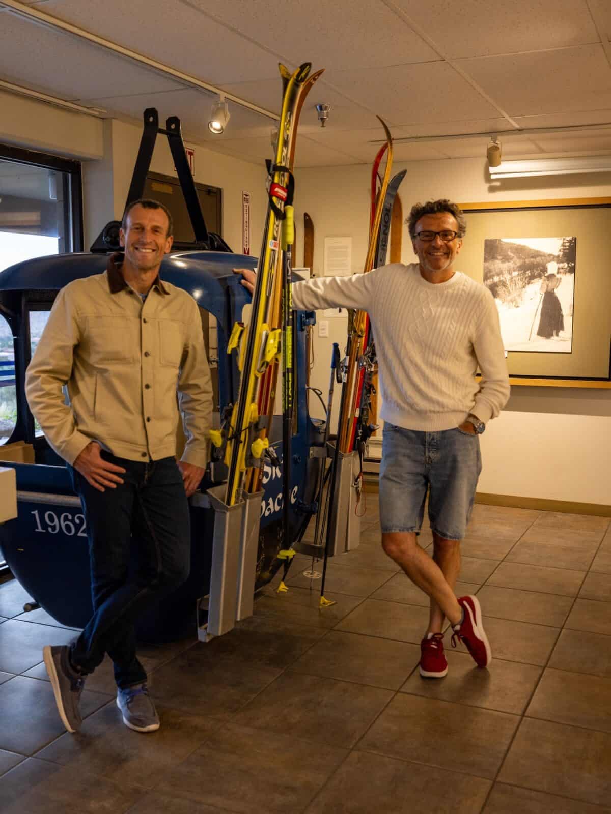 Luca and Massi beside the vintage 1962 Ski Apache gondola at the Ski Hall of Fame on Sandia Peak, Albuquerque