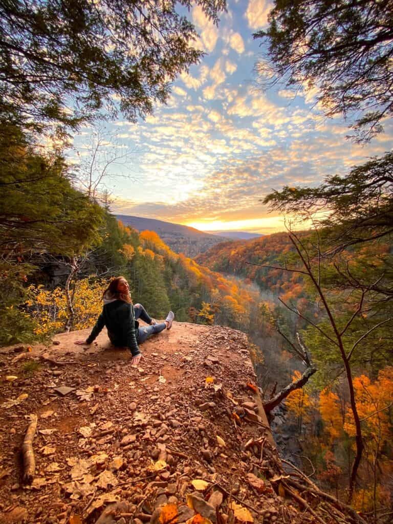 Fall foliage across the Catskill Mountains at sunset during an autumn hike in Upstate New York