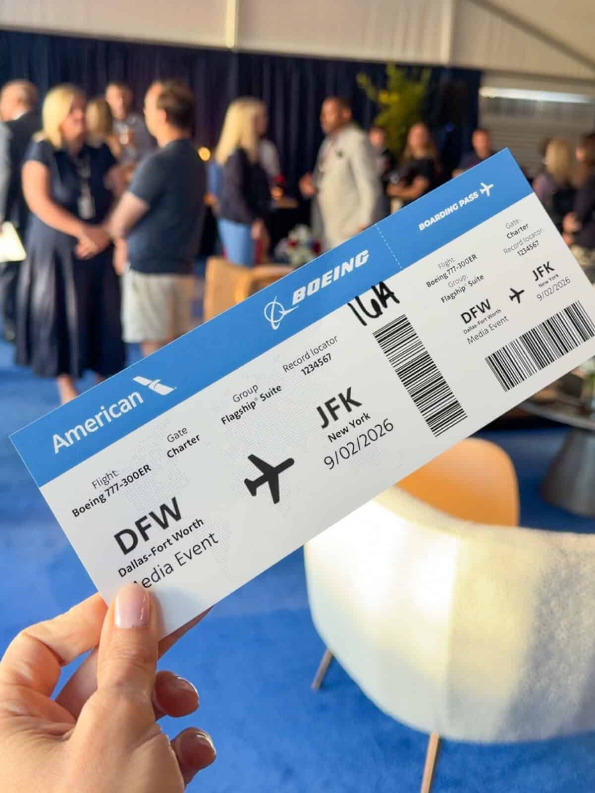 Boarding pass for the American Airlines Boeing 777-300ER Flagship Suite media flight from Dallas to JFK
