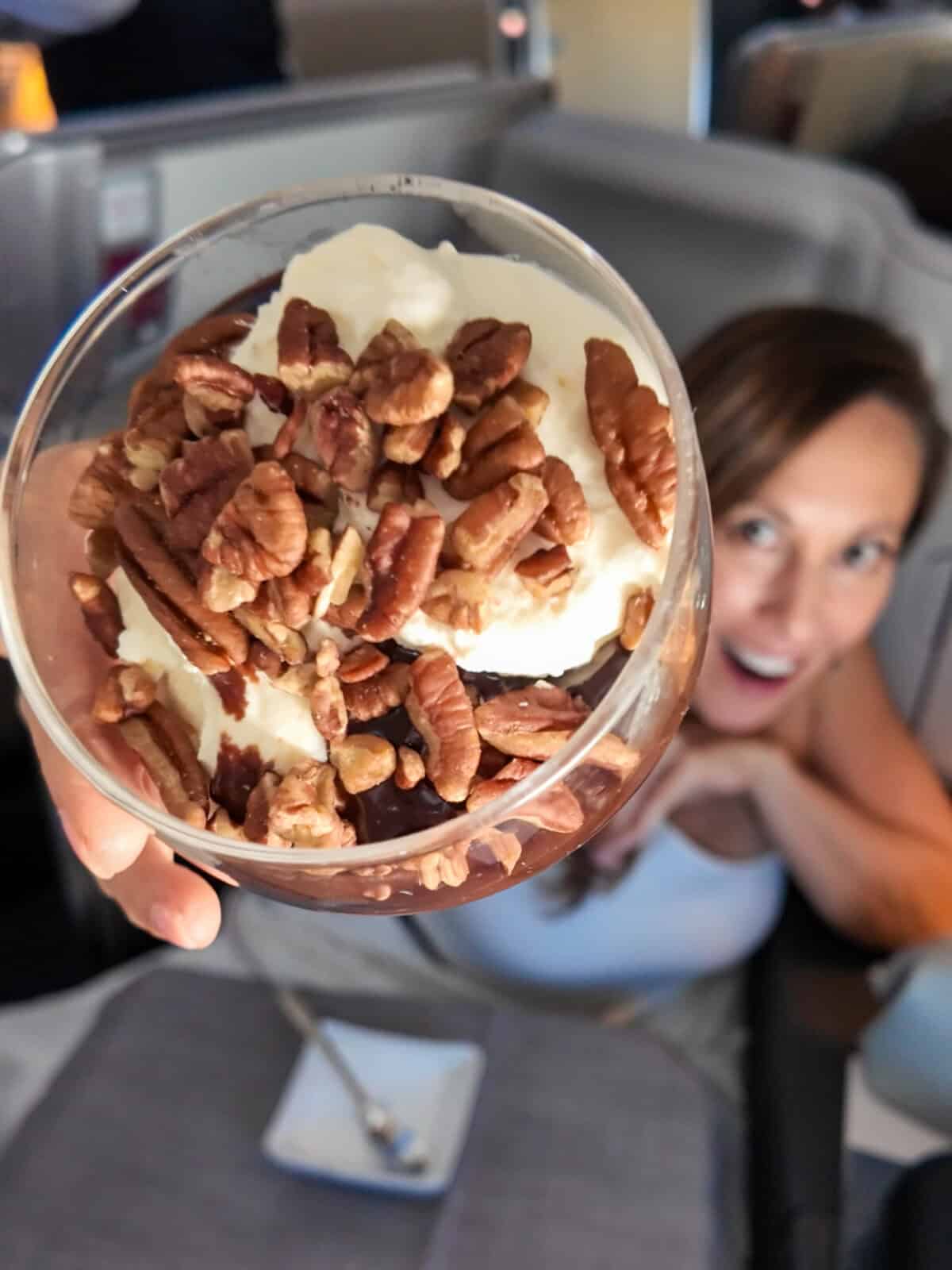 American Airlines Flagship Suite signature ice cream sundae with chocolate fudge, pecans and whipped cream