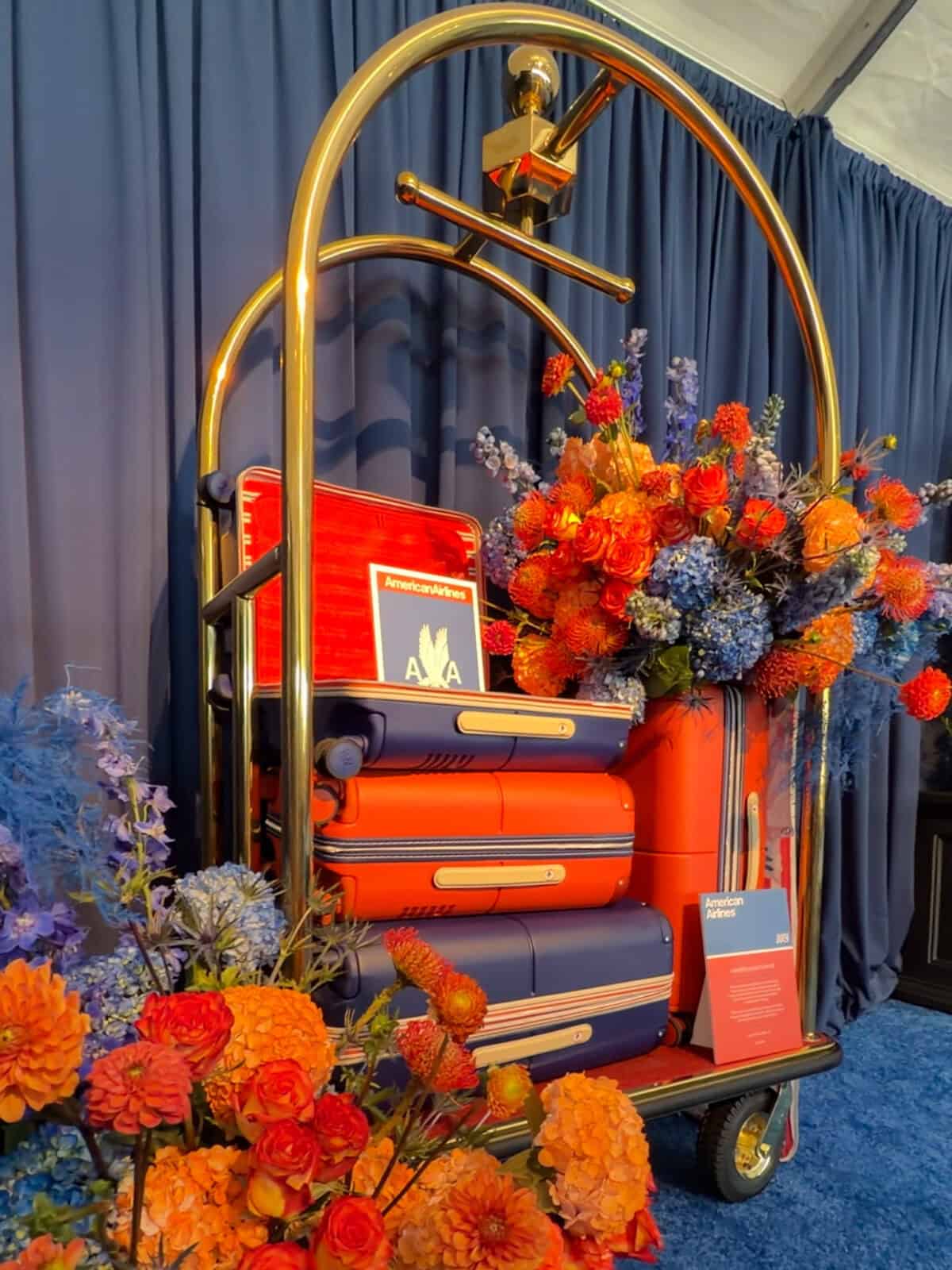 American Airlines x July luggage displayed at the Boeing 777-300ER Flagship Suite media event
